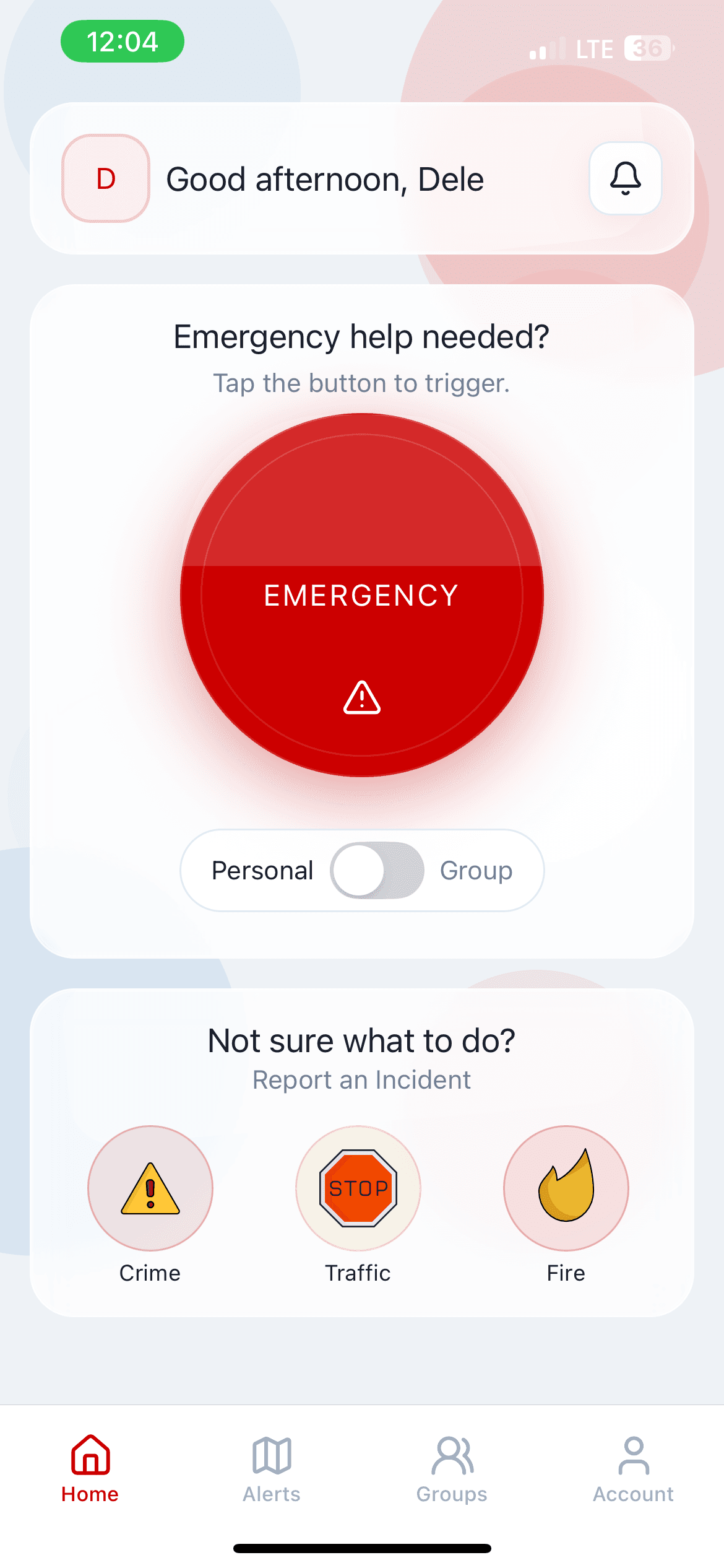 AlertTrak app home screen — one-tap emergency button